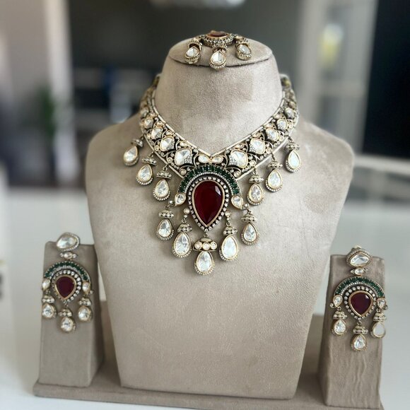 Victorian Polki Kundan Choker Necklace Set | Ruby Emerald Wedding Jewelry - Picture 1 of 15